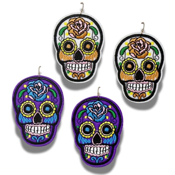 Hand Embroidered Halloween Sugar Skull Day of the Dead NOLA Statement Earrings - Picture 3 of 7